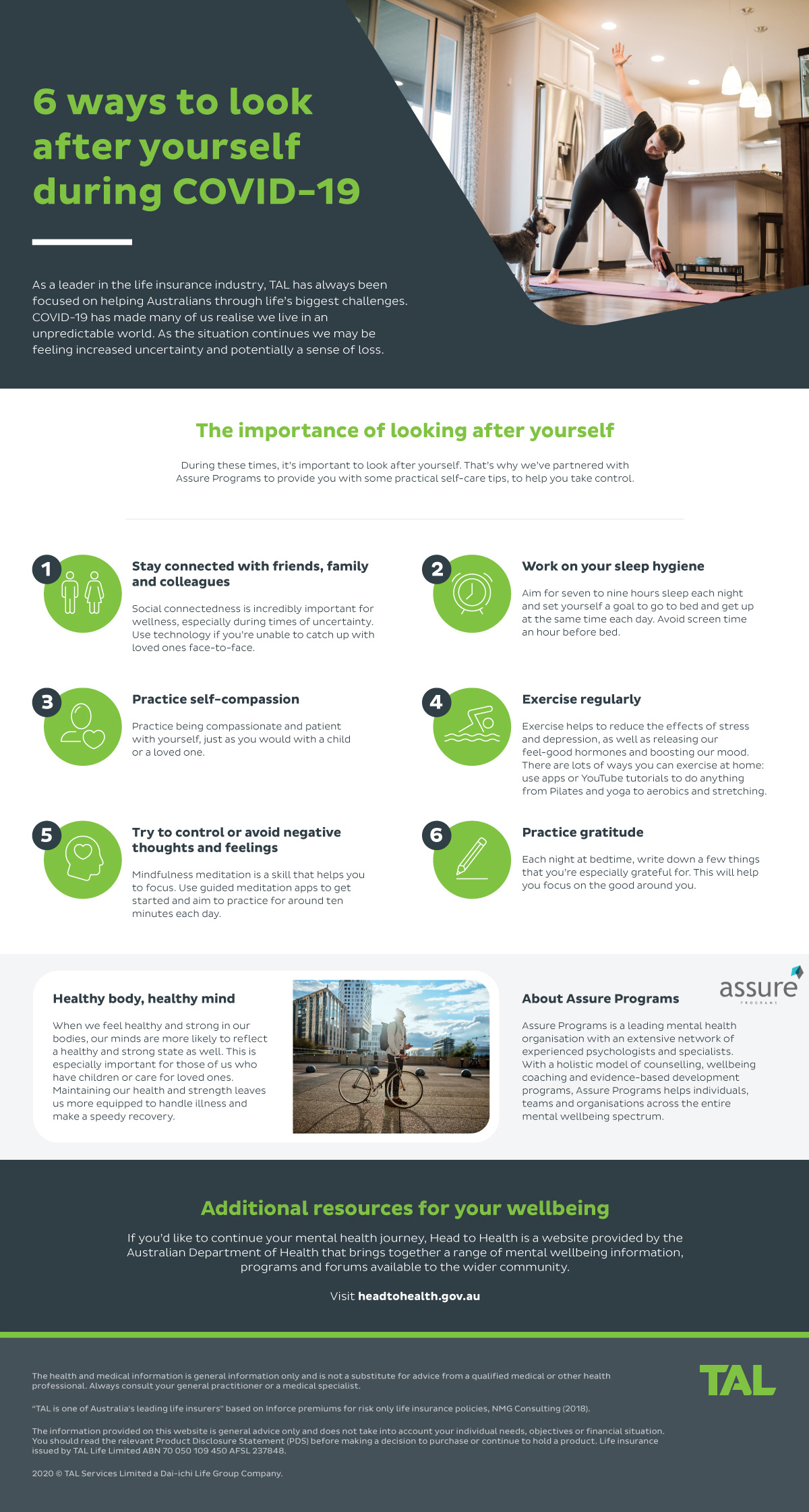 TAL Infographic of ways to look after yourself during and after COVID-19 with practical self-care tips